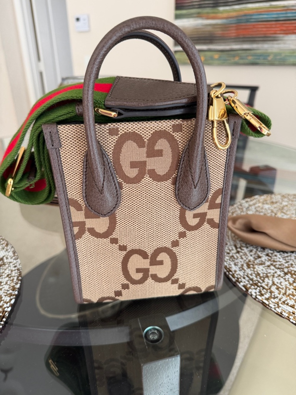 Gucci Brown GG Canvas Mini Tote/Crossbody with Green-Red Strap